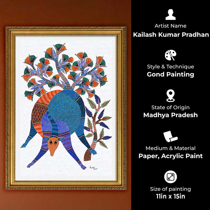 11 x 15 Inch | Tree & Deer | Original Hand painted Tribal Gond Art Painting | Acrylic Paints On Paper