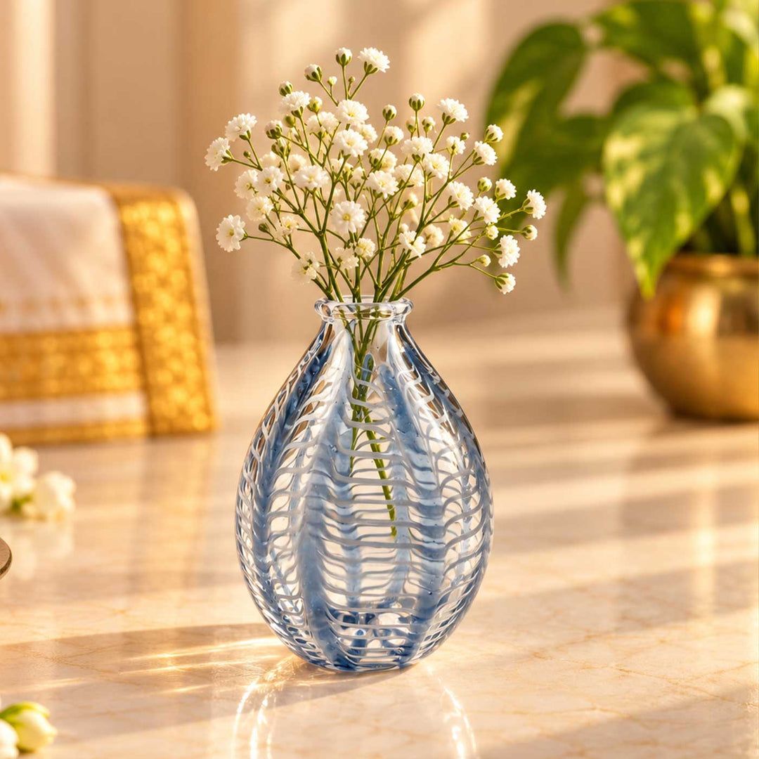 Handmade Clear Blue Pinstripe Small Glass Art Vase For Home Decor