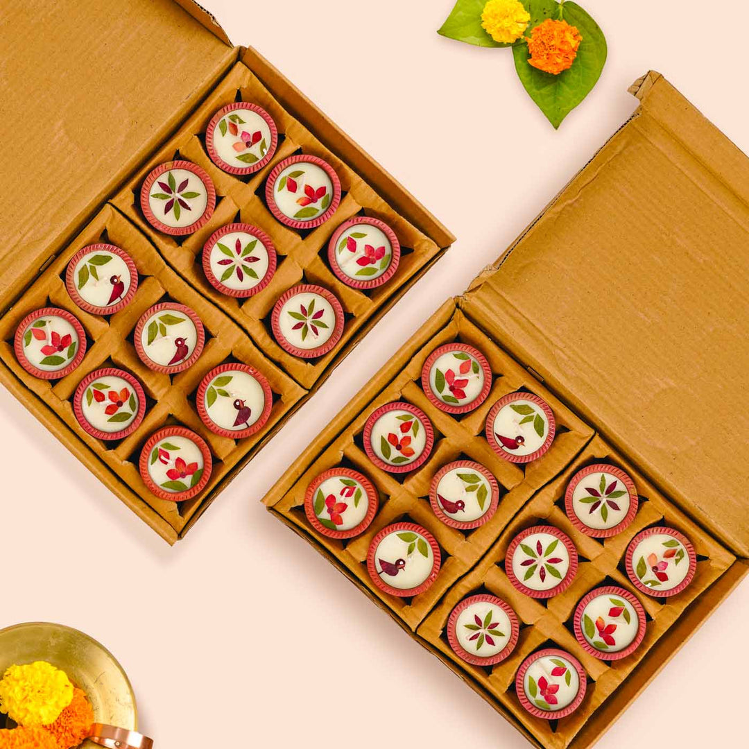 Set Of 24 | Handmade Soy Wax & Dry Flower Festive Diyas