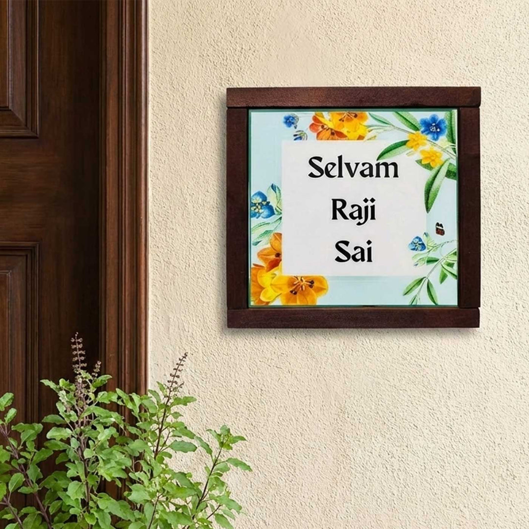 Multicolor Flower Garden Personalized Printed Square Resin Name Plate