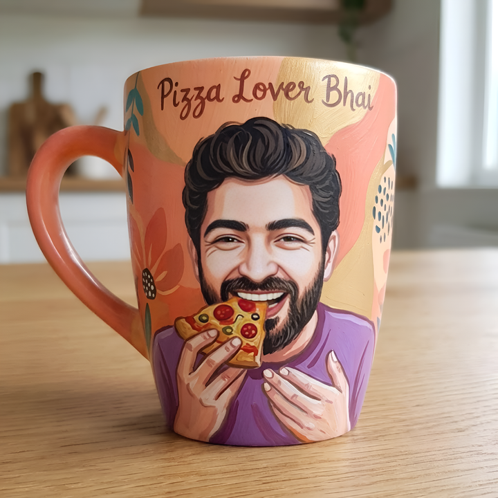 Photo Personalized Pizza Lover Theme Hand-Painted Pop Art Illustrated Caricature Mug | 300 ML