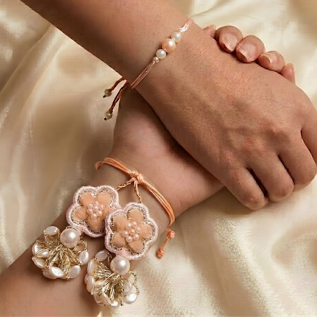 Handmade Kanak Moti Pearl Couple Rakhi Lumba Set With Roli Chawal For Bhaiya Bhabhi