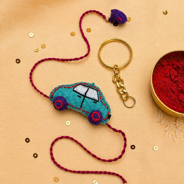 Hand Embroidered 3D Car Rakhi With Keychain For Brother