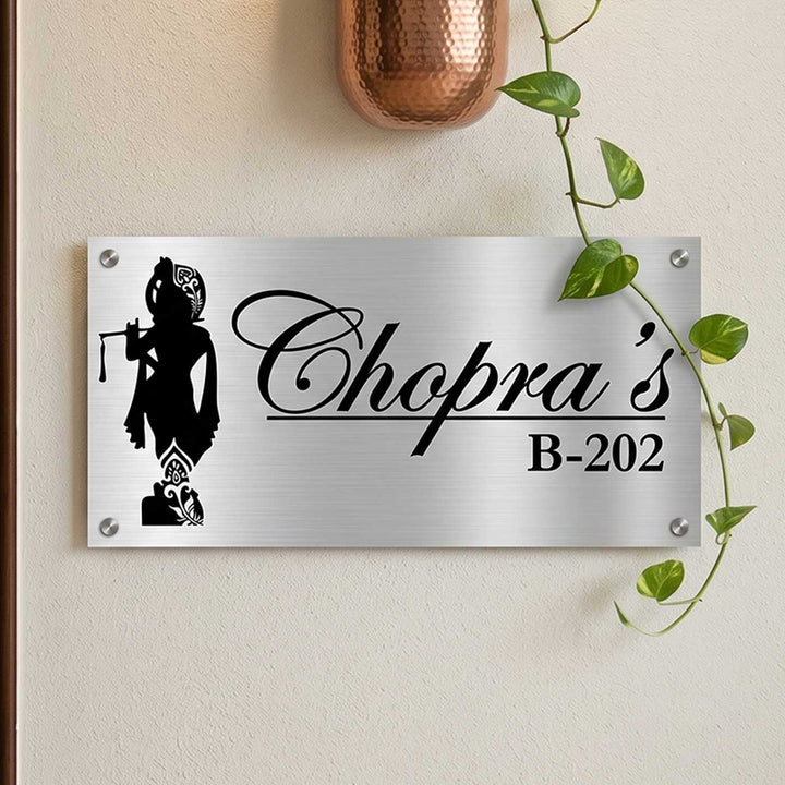 Personalized Lord Krishna Theme Stainless Steel Name Plate
