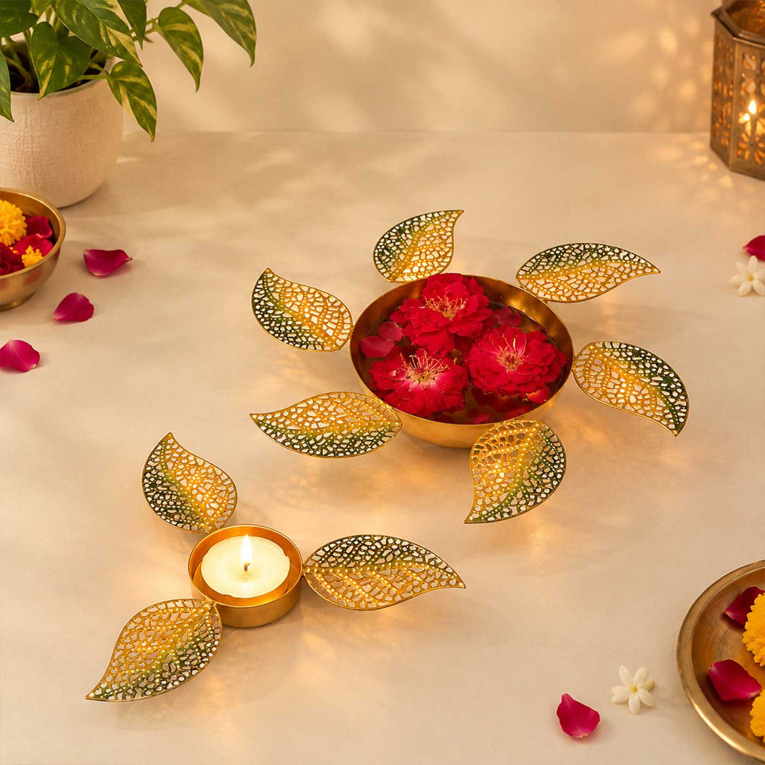 Set of 2 | Handmade Etched Peacock Small Urli With Floral Tealight Holder For Festive Decor