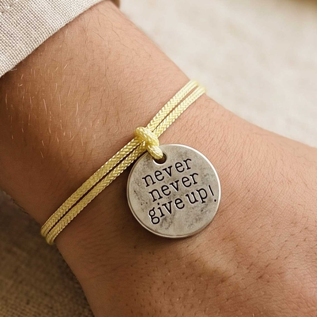 Engraved "Never Never Give Up" Quote Metal Charm Rakhi With Roli Chawal for Brother