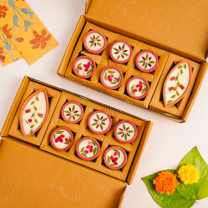 Set Of 14 | Handmade Soy Wax & Dry Flower Assorted Festive Diyas