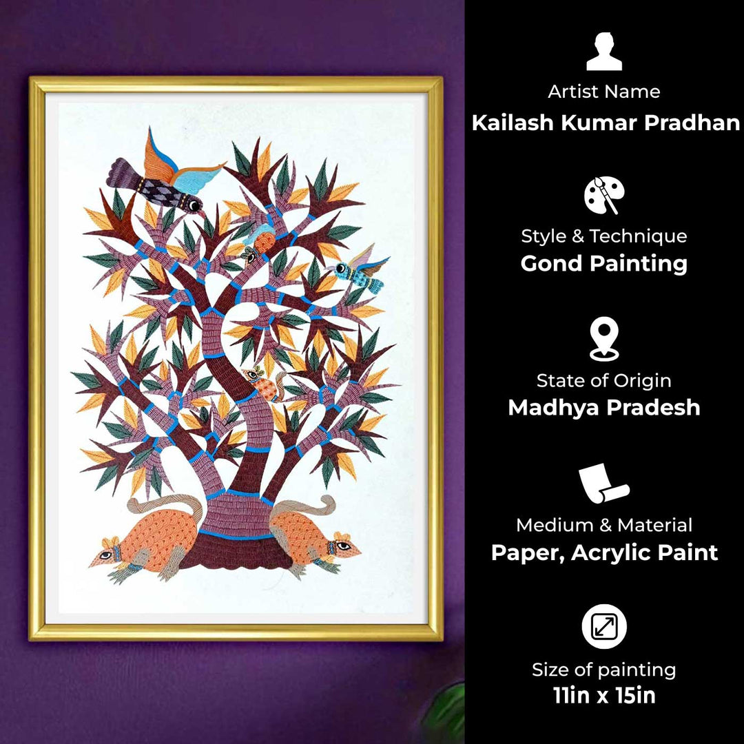 11 x 15 Inch | Tree with Birds & Animals | Original Hand painted Tribal Gond Art Painting | Acrylic Paints On Paper