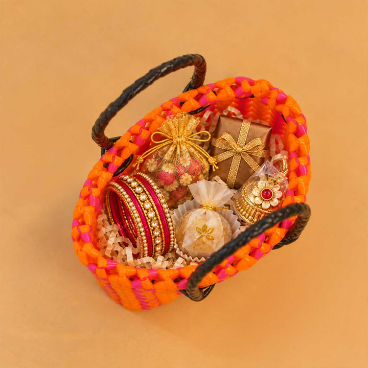 Handwoven Orange & Pink Small Plastic Wire Koodai Bag For Festive Return Gifts