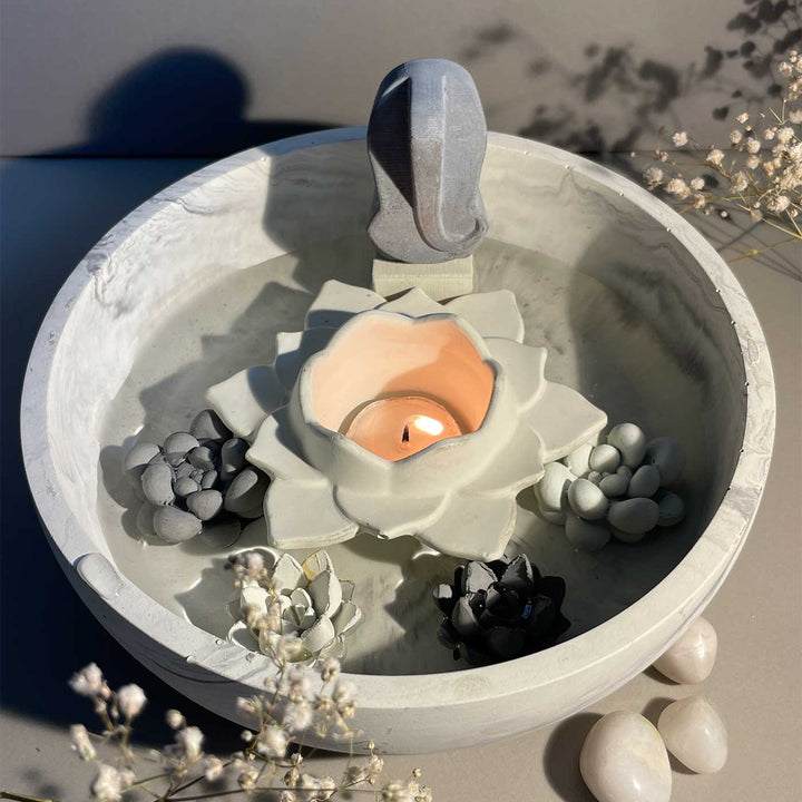 Handmade Glow Concrete Gift Hamper | Includes 1 Urli, 1 Flower Candle Holder, 1 Ganesha With Stand, 4 Succulent