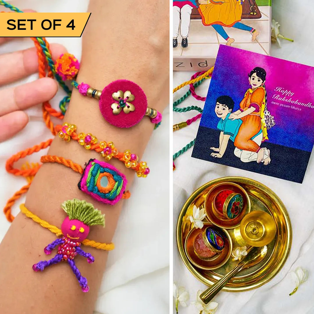 4 pc Rakhi + Brass Thali Set | Premium Tonu Monu Sonu Embroidered & Beaded Rakhi Set with Roli Chawal