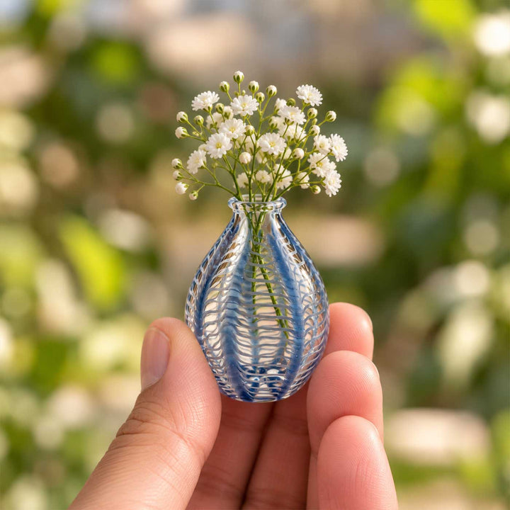 Handmade Clear Blue Pinstripe Small Glass Art Vase For Home Decor