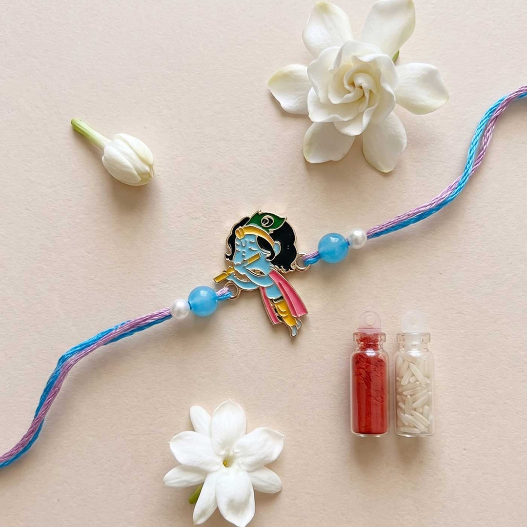 Engraved Little Krishna Enamel Metal Charm Rakhi With Roli Chawal for Brother