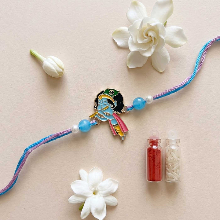 Engraved Little Krishna Enamel Metal Charm Rakhi With Roli Chawal for Brother