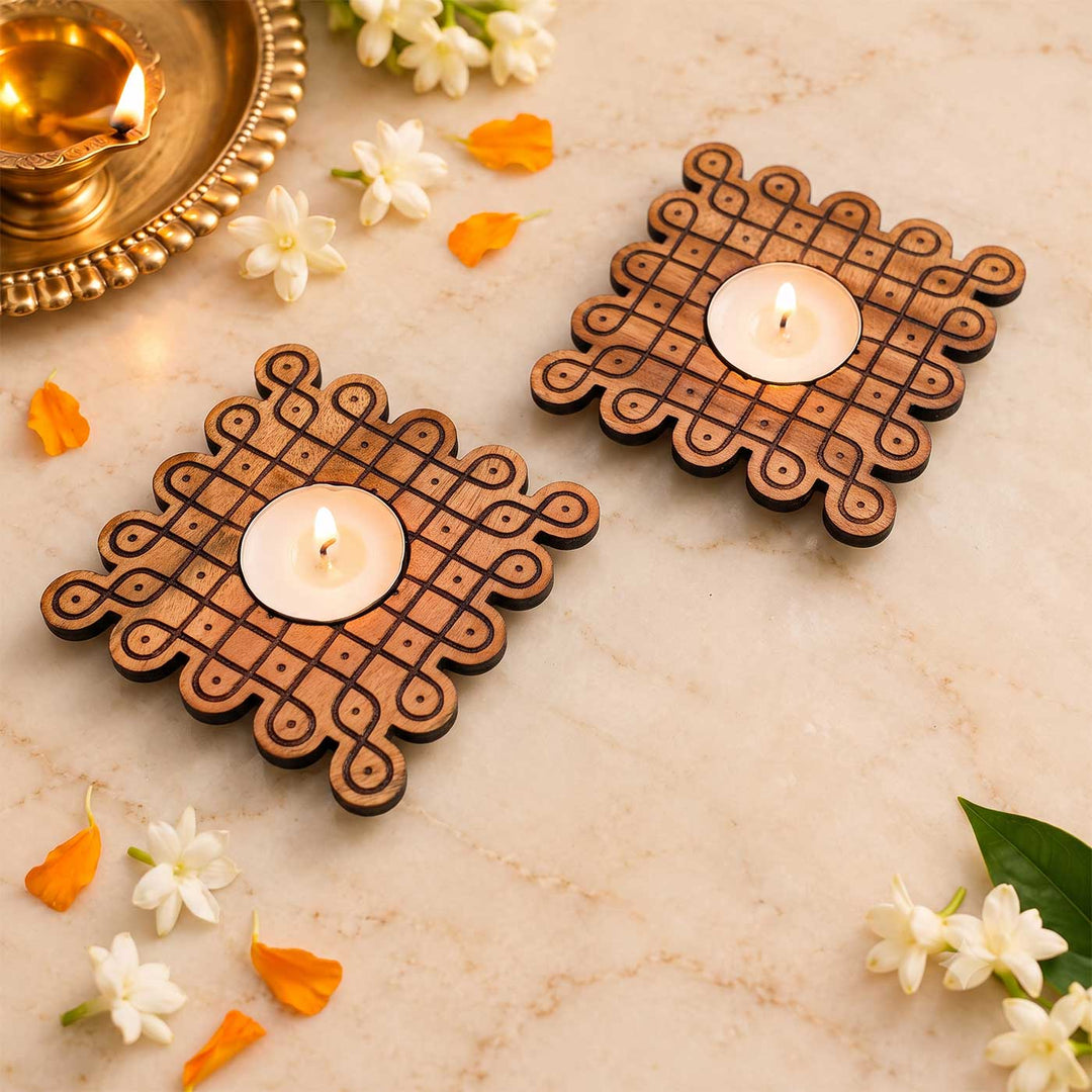 4 pc | Looped Square Hand-Engraved Mahogany Wood Kolam Tealight Holders