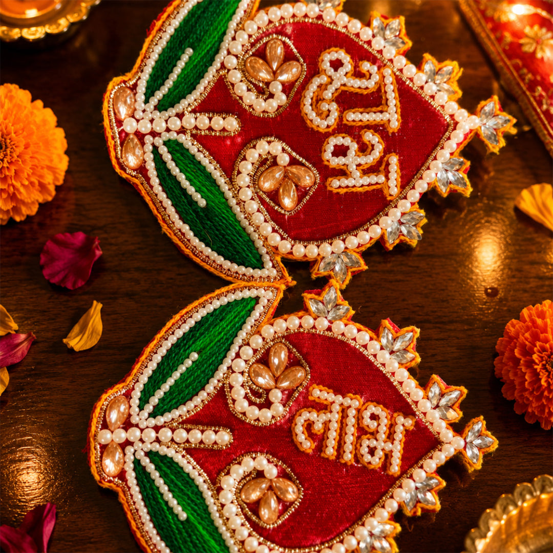 Shubh Labh Red Tealight Home Diwali Gift Hamper With Potli And Mata Laxmi Charan For Festive Gifting