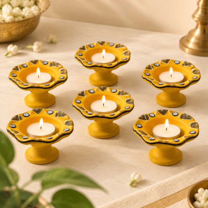 Set of 6 | Sunny Yellow Hand-Painted Flower-Shaped Terracotta Diya Tealight Holders For Festive Decor