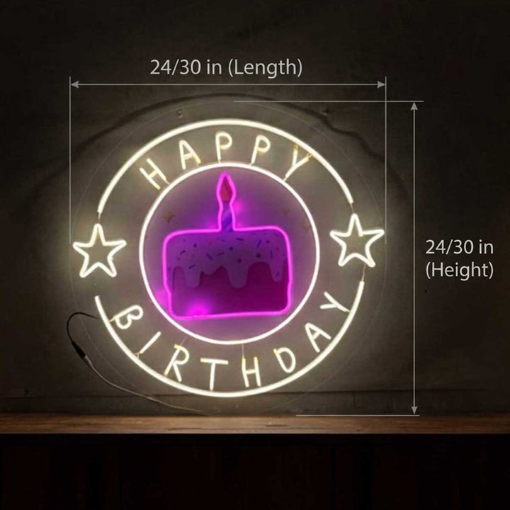 Handmade "Happy Birthday" Neon Light Sign Board with Printed Acrylic Cake Background