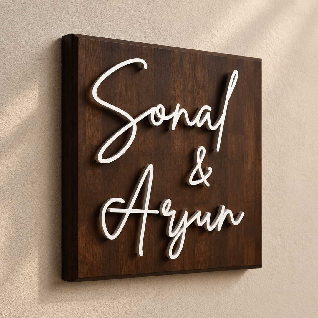 Personalized Square Rubber Wood Name Plate With 3D Metal Letters For Home