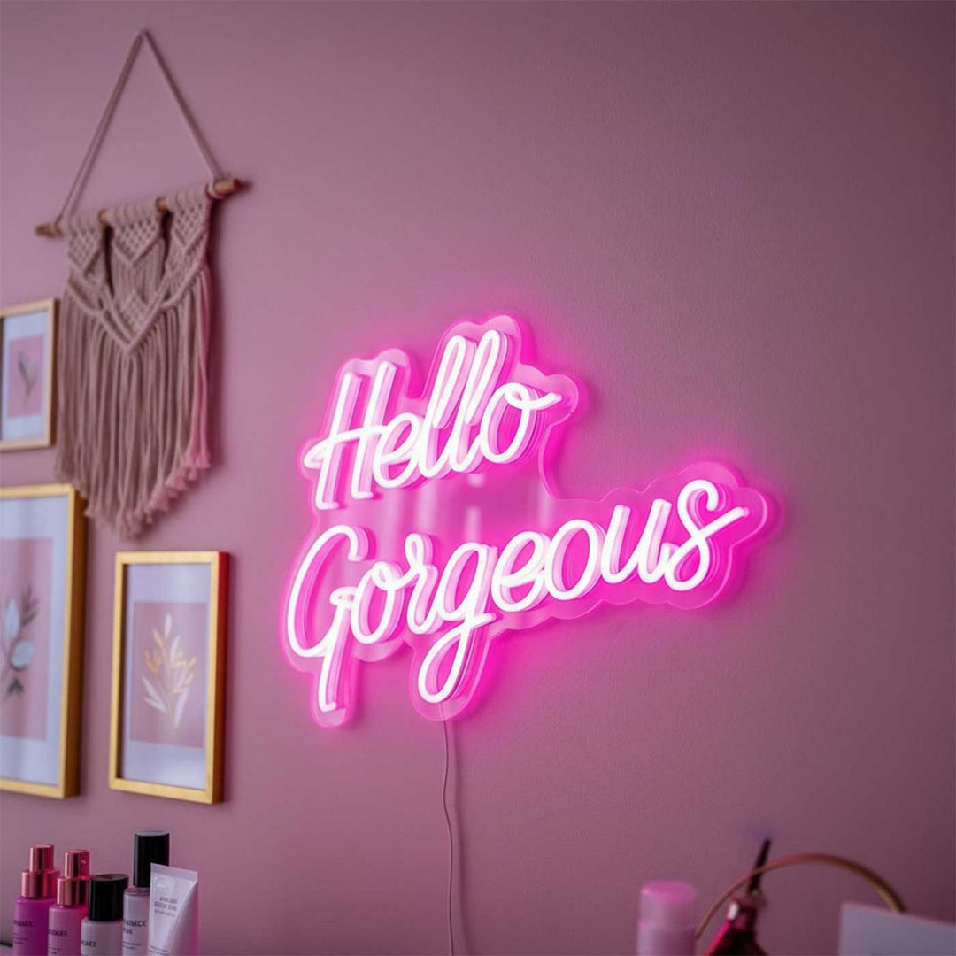 Personalized Handmade "Hello Gorgeous" Neon Light Sign Board For Dressing And Salon Decor
