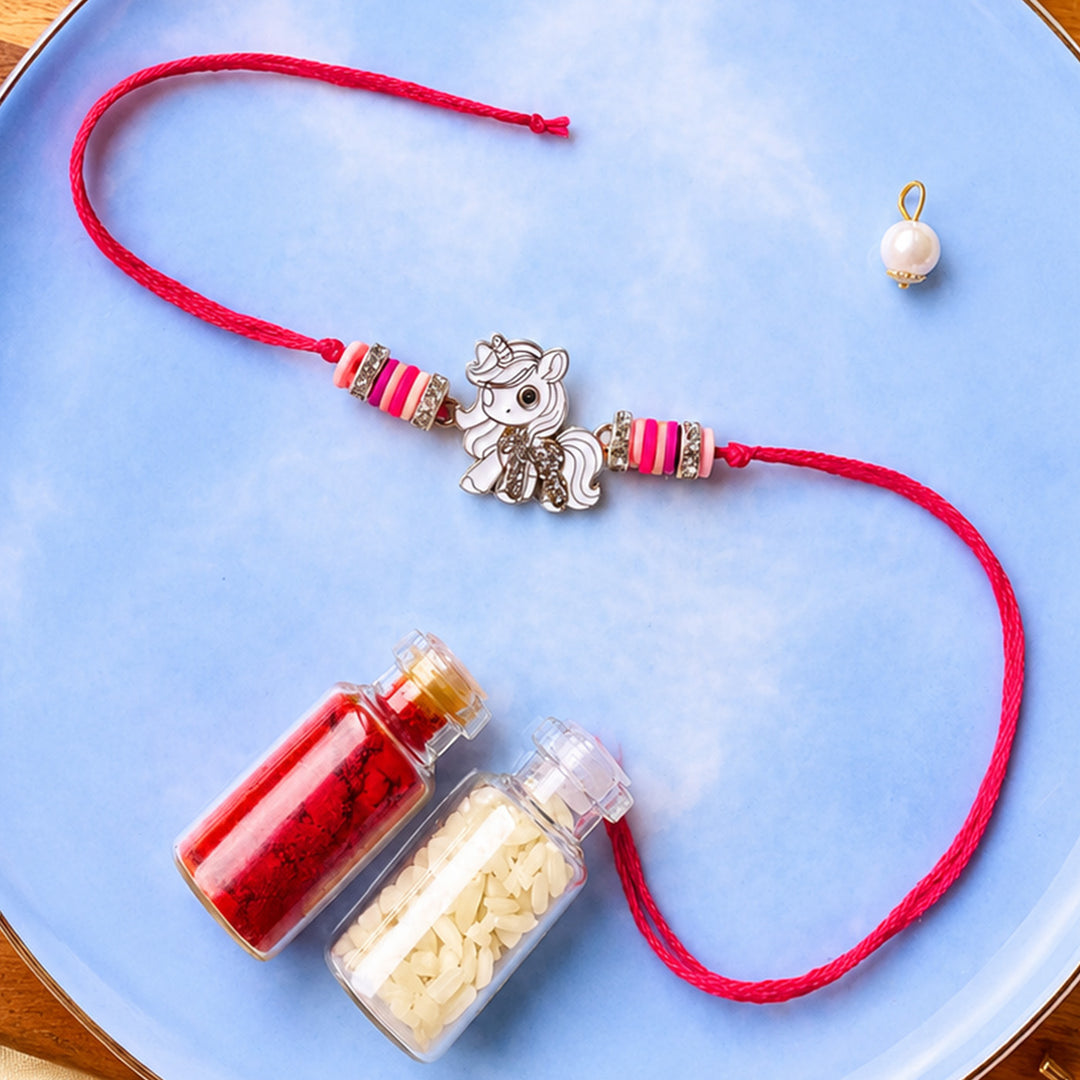 Reusable Handmade Unicorn Charm Rakhi With Roli Chawal For Girls