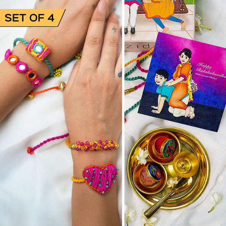 4 pc Rakhi + Brass Thali Set | Premium Chashni Cassata Mirror Work & Beaded Rakhi Set with Roli Chawal