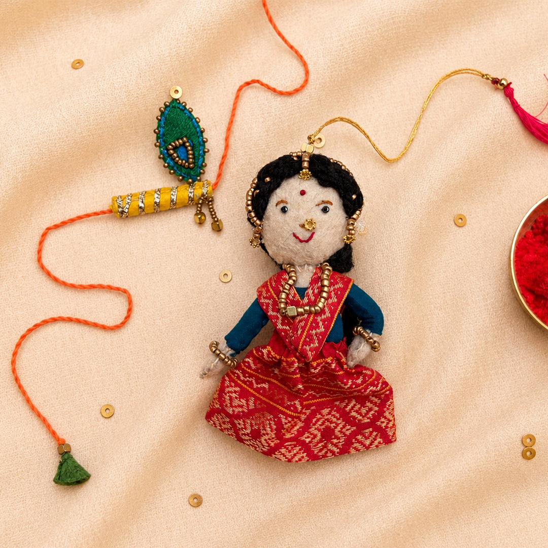 Hand Embroidered Radha Bansuri Rakhi Lumba Set For Bhaiya Bhabhi