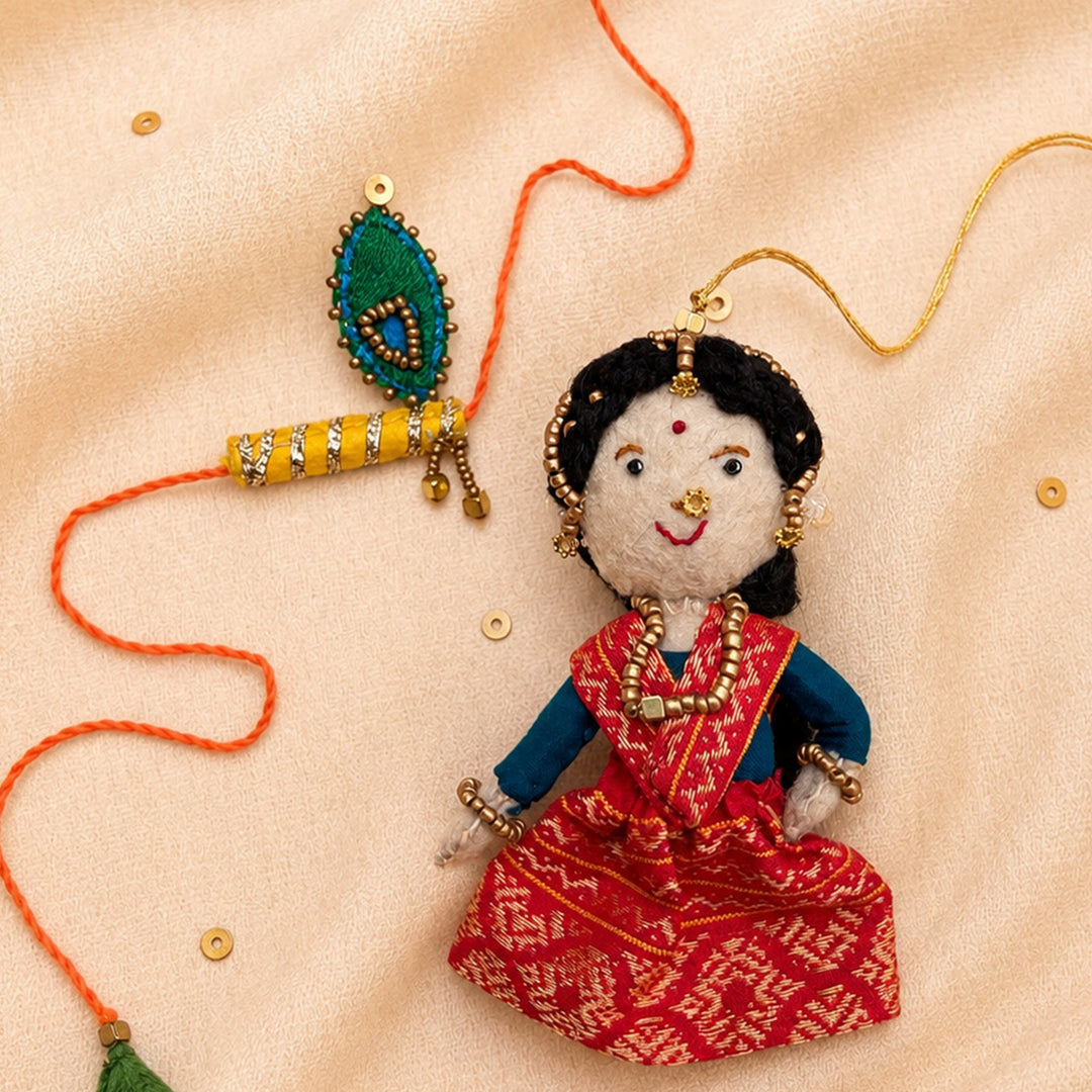 Hand Embroidered Radha Bansuri Rakhi Lumba Set For Bhaiya Bhabhi