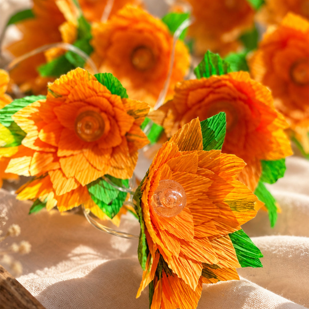 Handmade Phool Jhalar Crepe Paper Flower LED Fairy Light For Festive Decor - Peach & Green
