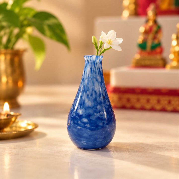 Handmade Cobalt Blue Mottled Small Glass Art Vase For Home Decor
