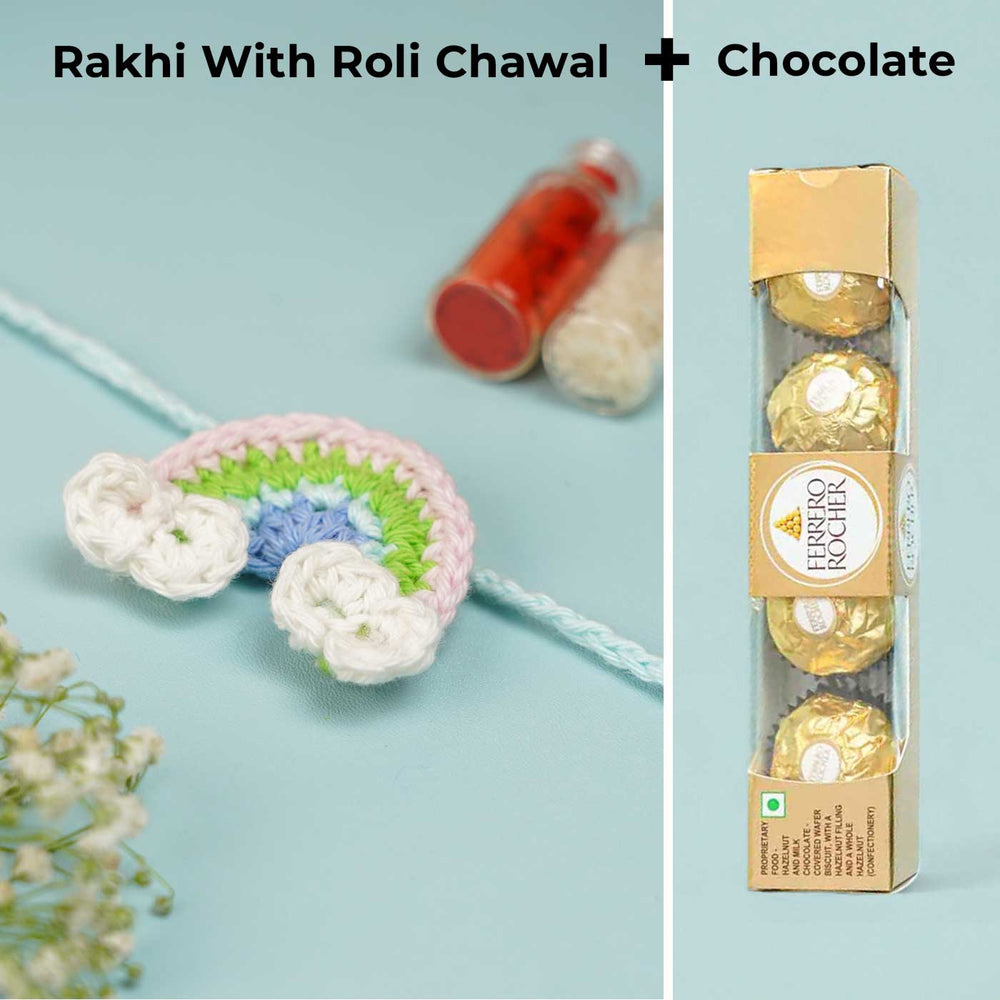 Handmade Crochet Rainbow Rakhi With Roli Chawal 1 - Product Set Arrangement