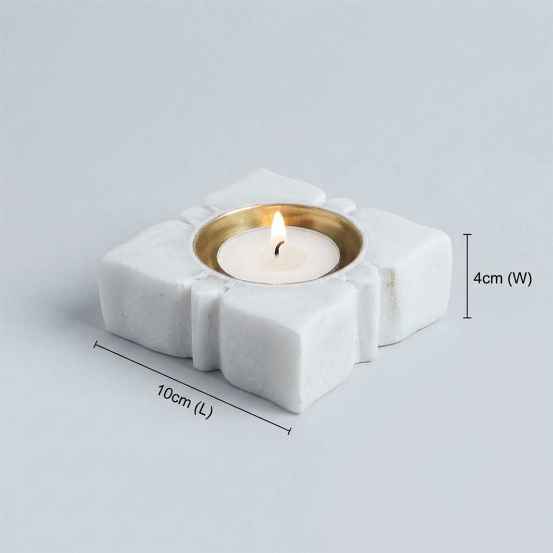 Set Of 2 | Handmade Square Marble & Brass Oil Lamp / Diya For Pooja Decor