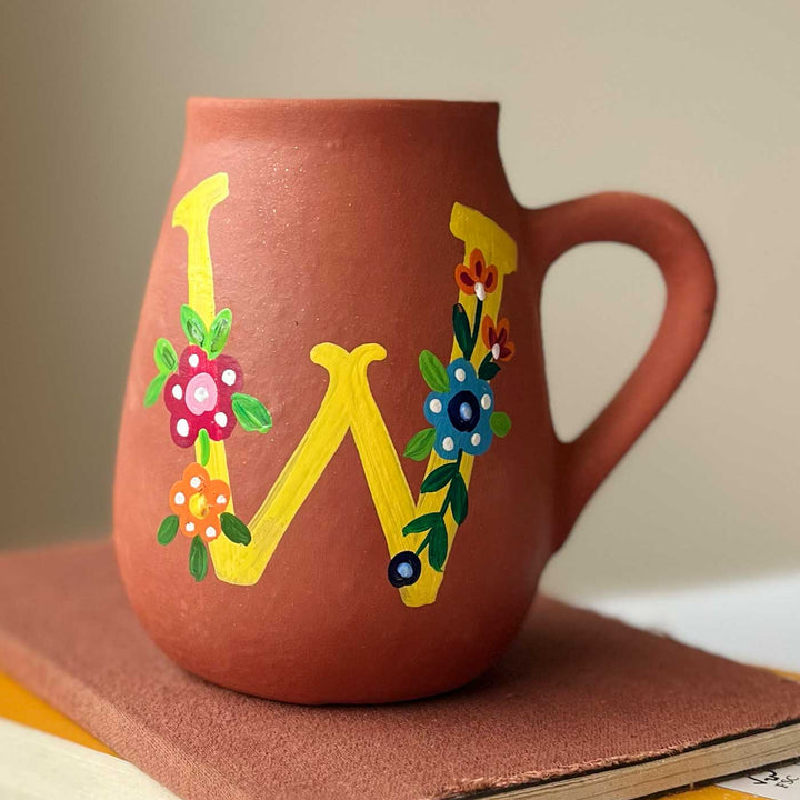 Personalized Hand-painted Floral Theme Monogram Terracotta Mug - W
