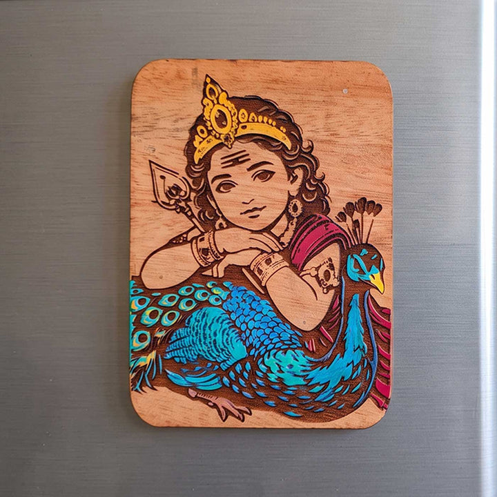 Engraved & Hand-Painted Murugan with Mayil Mahogany Wood Fridge Magnet