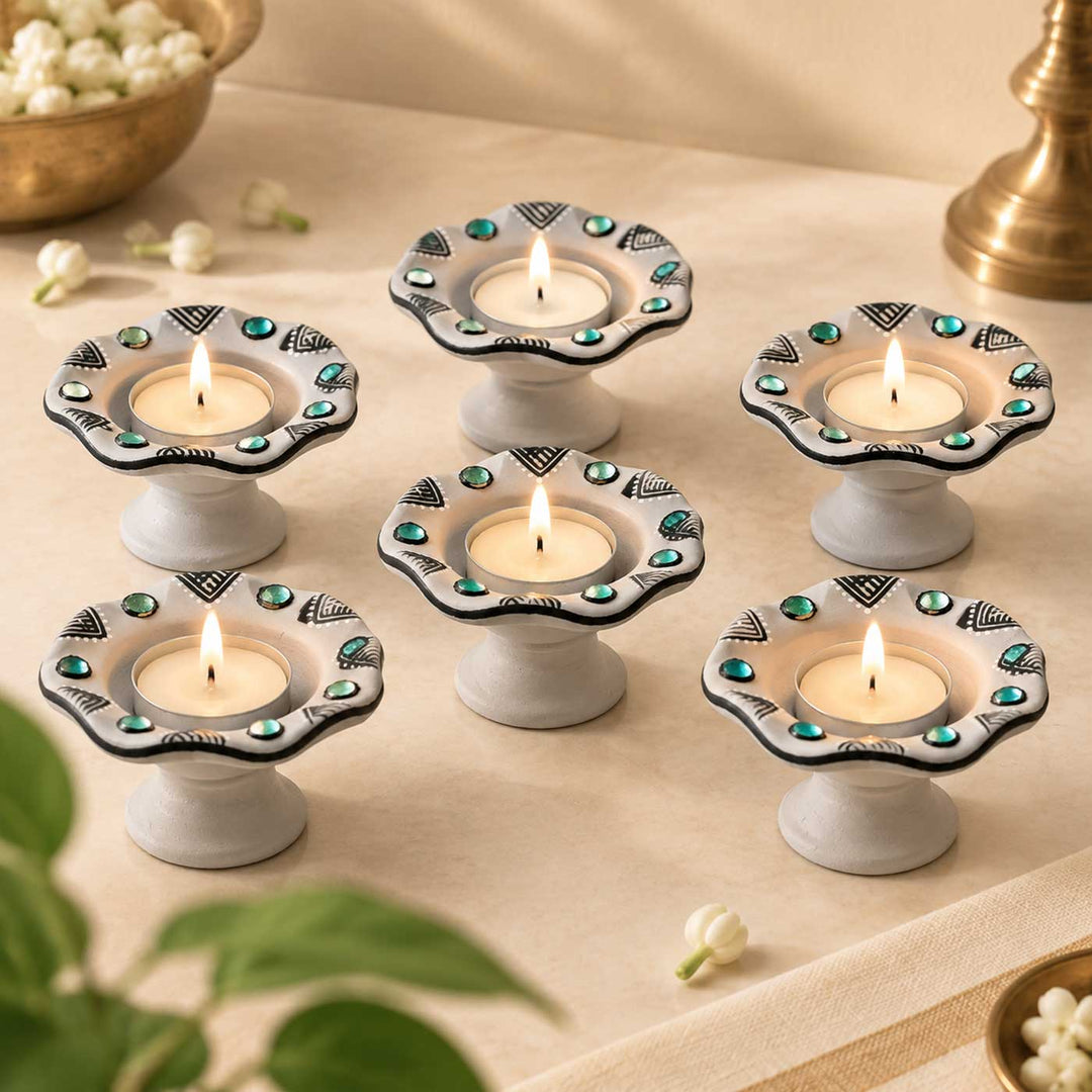 Set of 6 | White Hand-Painted Flower-Shaped Terracotta Diya Tealight Holders For Festive Decor