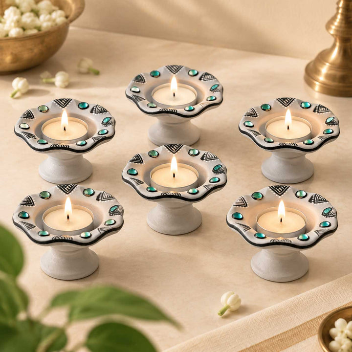 Set of 6 | White Hand-Painted Flower-Shaped Terracotta Diya Tealight Holders For Festive Decor