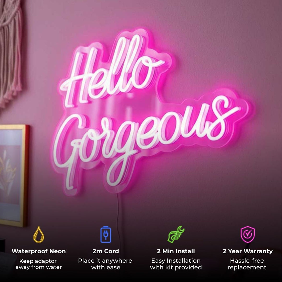 Personalized Handmade "Hello Gorgeous" Neon Light Sign Board For Dressing And Salon Decor
