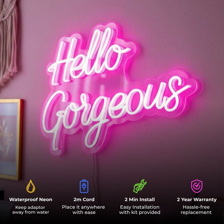 Personalized Handmade "Hello Gorgeous" Neon Light Sign Board For Dressing And Salon Decor