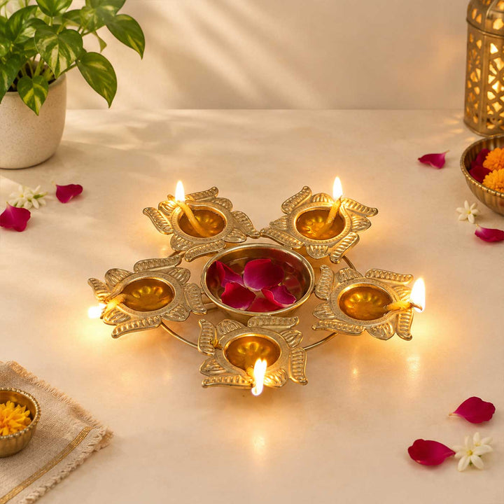 Handmade Etched Swastik Urli With 5 Diya Round For Festive Decor