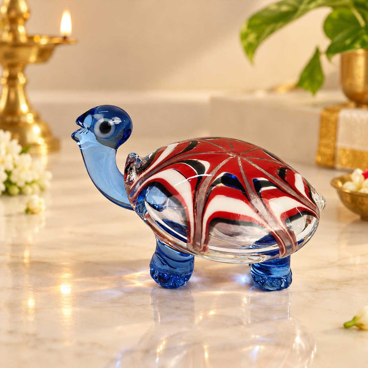 Handmade Blown Glass Blue & Red Swirl Turtle Miniature Figurine For Decor