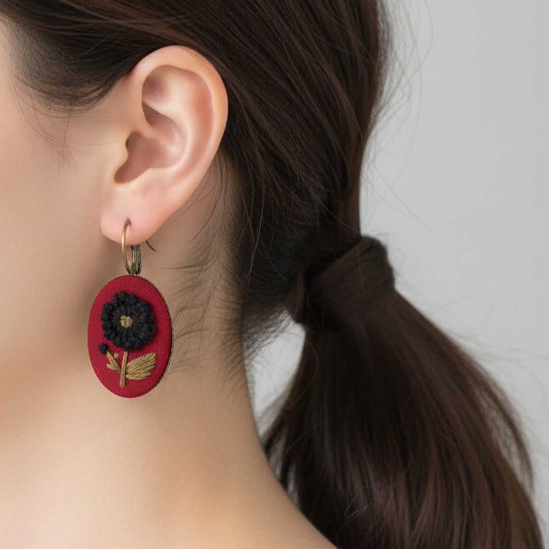 Hand Embroidered Merry Maroon Bronze Tone Earrings