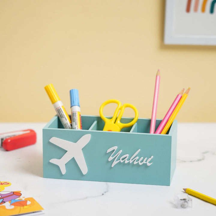 Personalized Wooden Aeroplane Themed Stationery Organizer For Kids