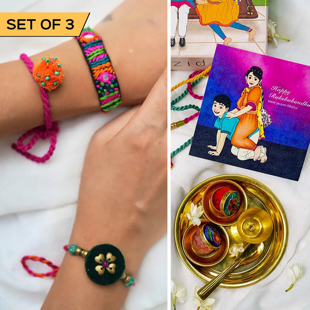 3 pc Rakhi + Brass Thali Set | Premium Love Embroidered & Beaded Rakhi Set with Roli Chawal