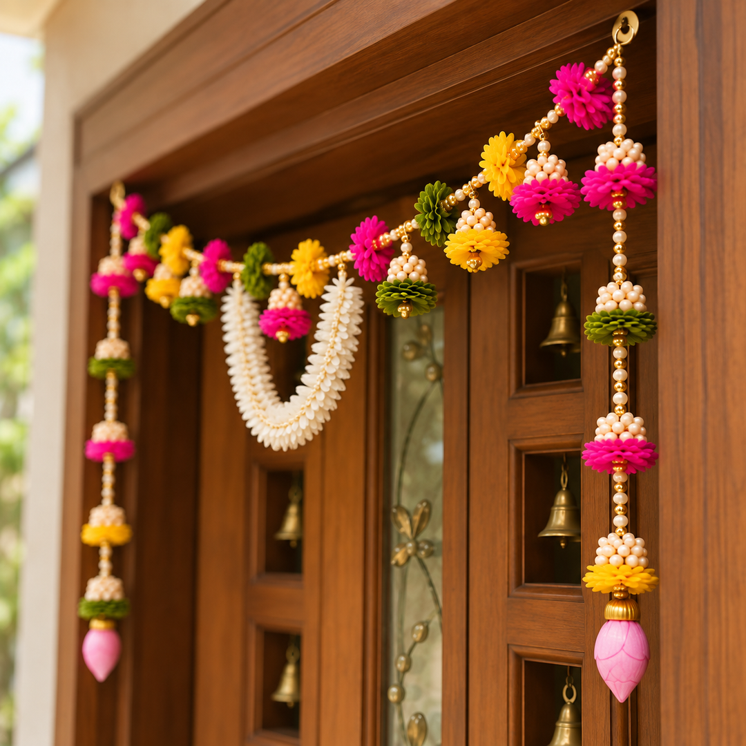 Handmade Multi-Color Tissue Flower Toran With Side Hangings
