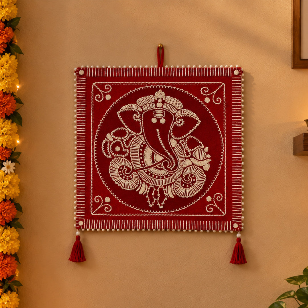 Hand Embroidered Aipan Art Ganapathi Hanging with Glass Beads