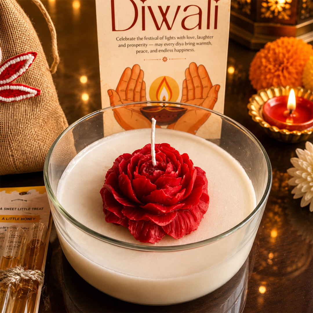 Crimson Rose Soy Wax Scented Candle Diwali Gift Hamper With Shubh Labh Potli And Mata Laxmi Charan For Festive Gifting