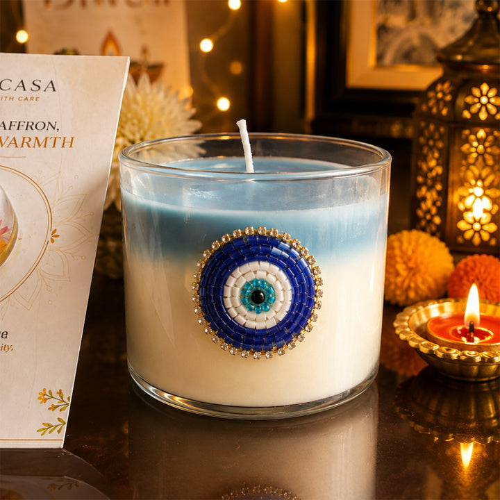 Nazar Halo Round Blue & White Evil Eye Scented Candle With Gift Box For Festive Decor
