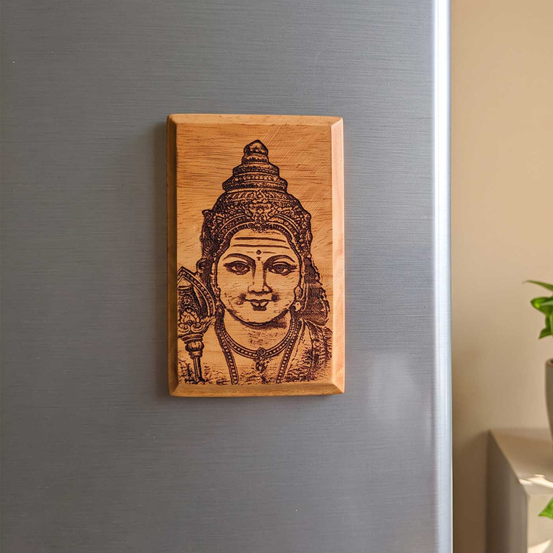 Engraved & Hand-Painted Murugan Motif Mahogany Wood Fridge Magnet