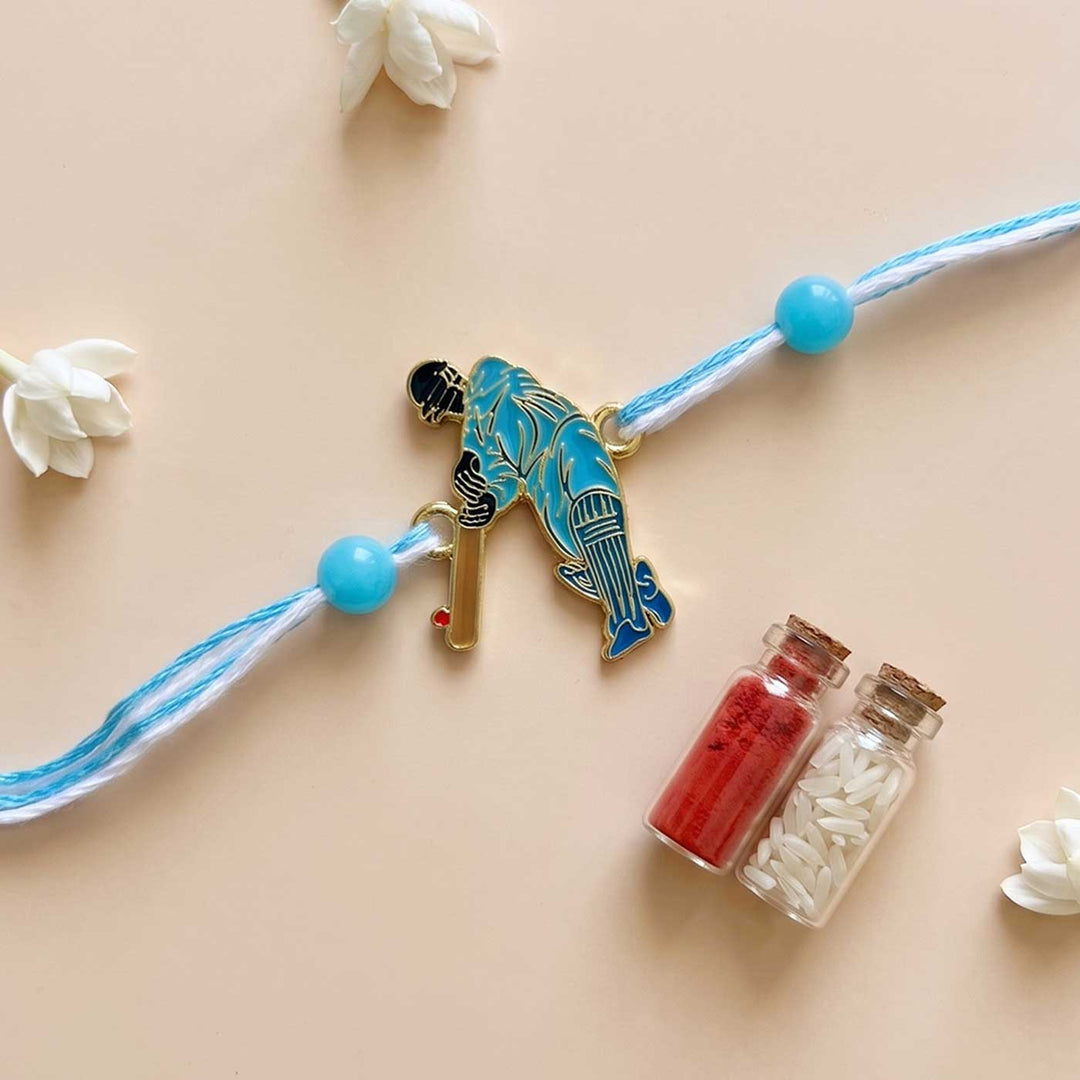 Engraved Little Cricket Champ Enamel Metal Charm Rakhi With Roli Chawal for Brother