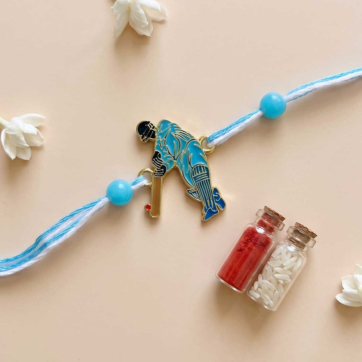 Engraved Little Cricket Champ Enamel Metal Charm Rakhi With Roli Chawal for Brother